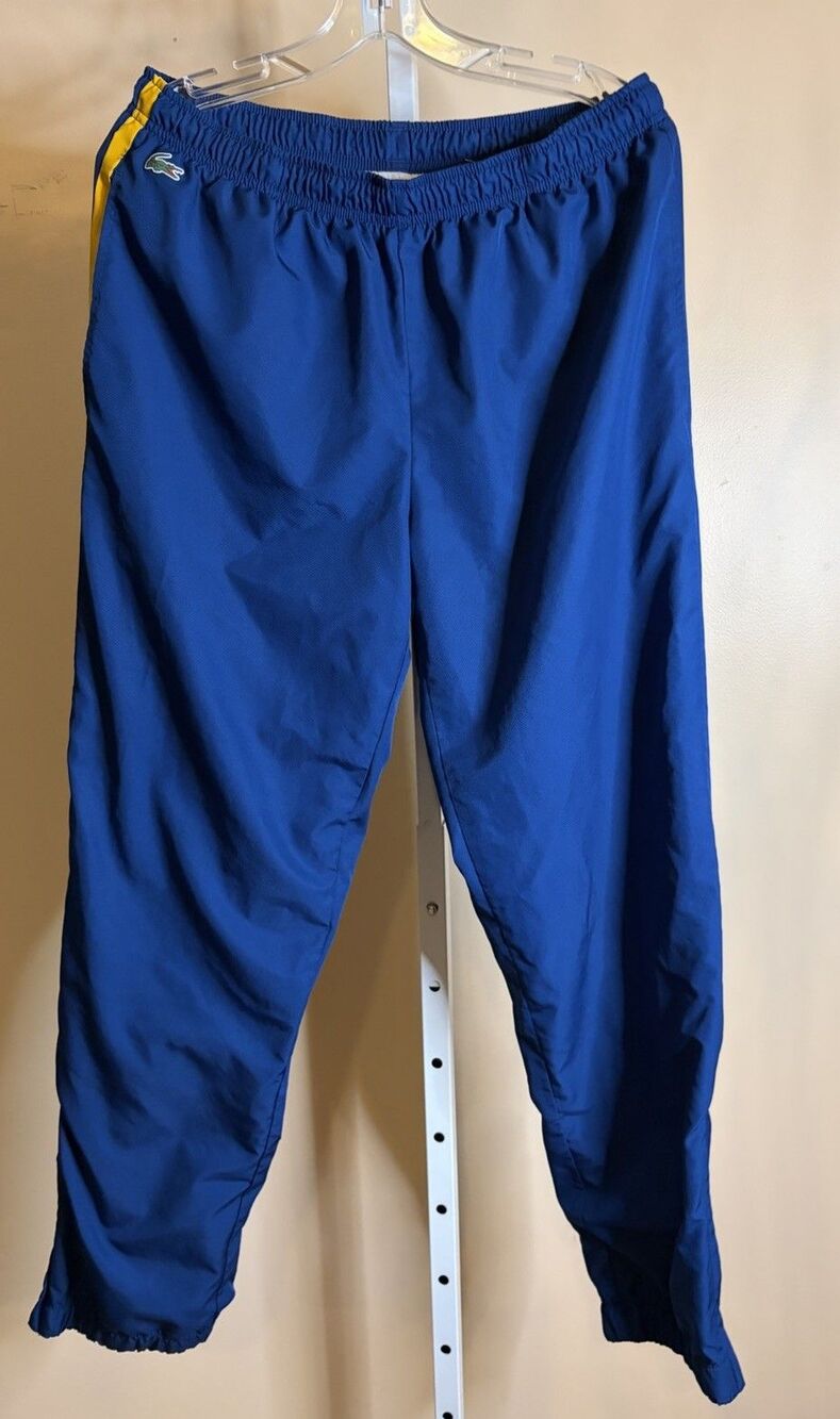 Men Lacoste Sports Lined Track Pants Blue Yellow Stripe Logo XL Zip Preppy Jog